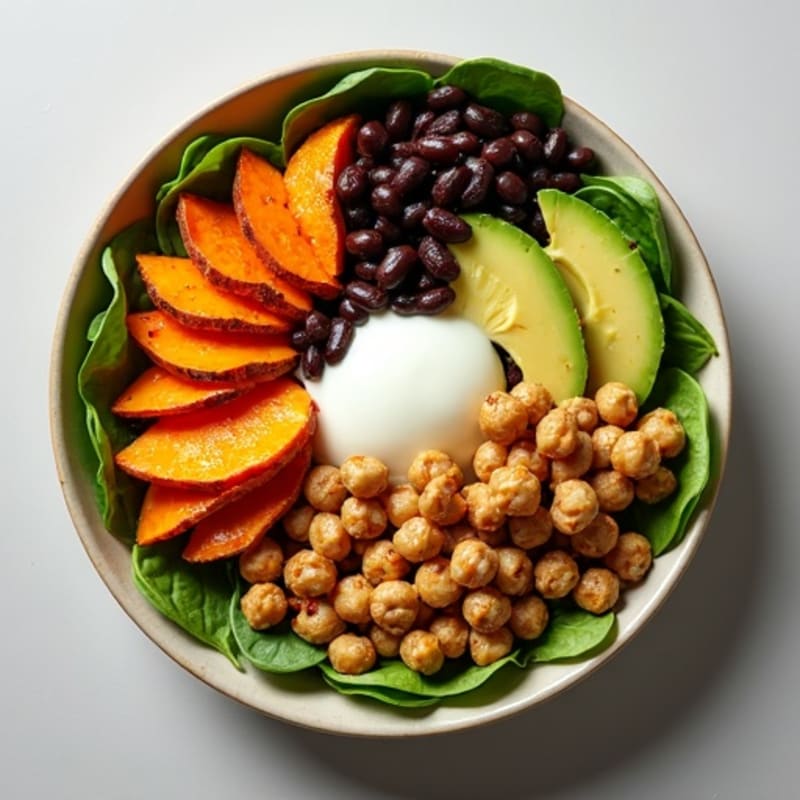 Roasted Sweet Potato and Black Bean Harvest Bowl with Creamy Avocado Dressing