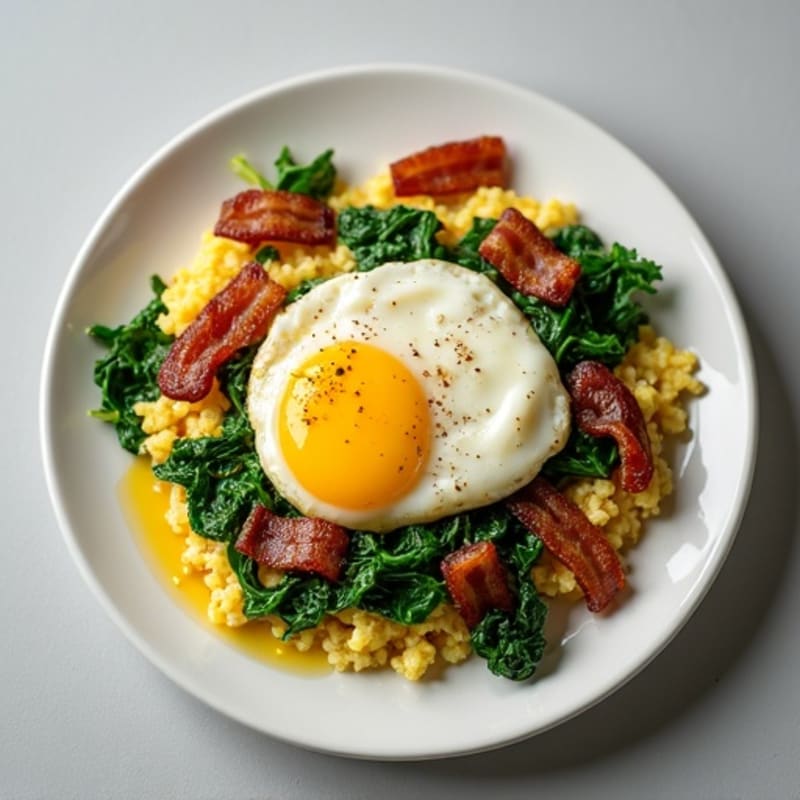 Egg White Scramble with Crispy Turkey Bacon and Sautéed Spinach