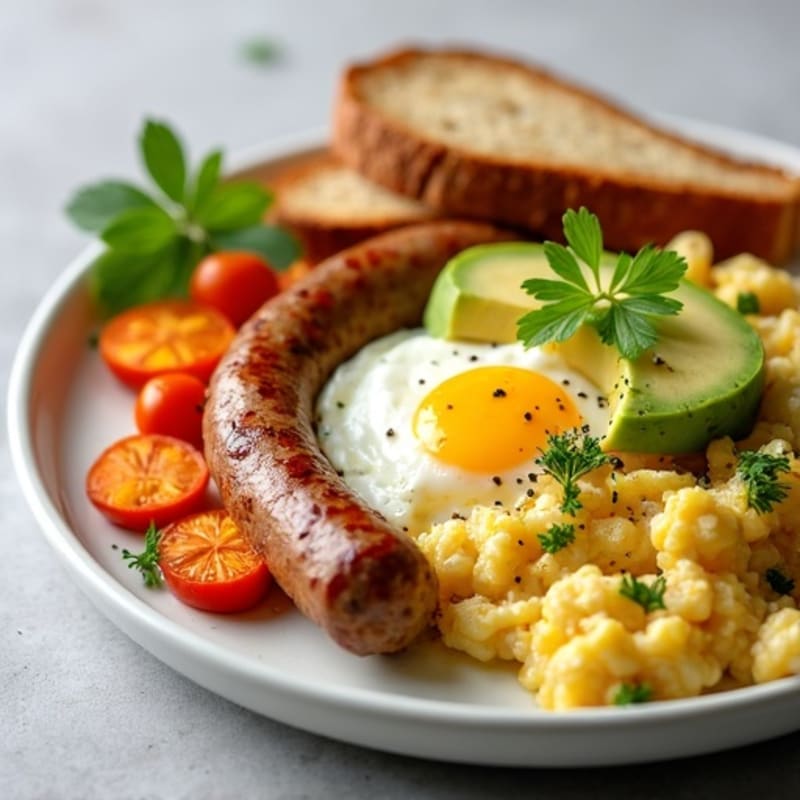 Egg White and Turkey Sausage Scramble with Roasted Sweet Potatoes