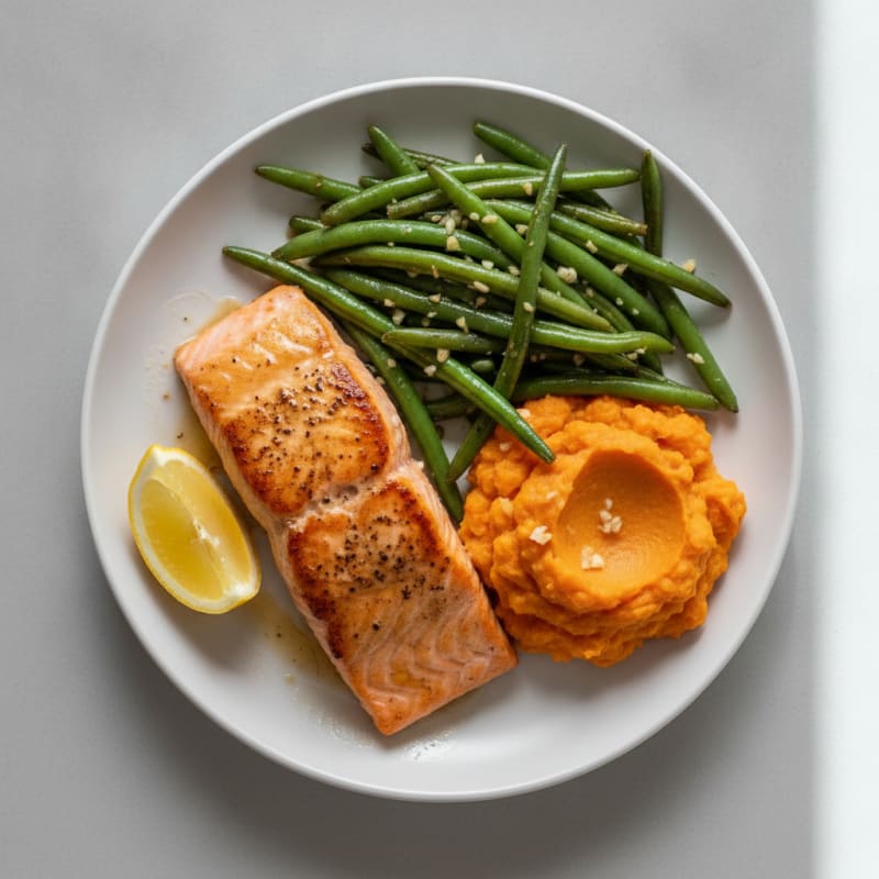 Seared Salmon with Garlic Green Beans and Sweet Potato Mash