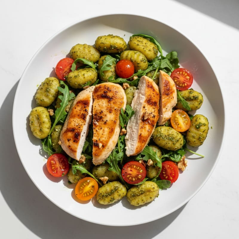 Gnocchi with Arugula Pesto and Cherry Tomatoes
