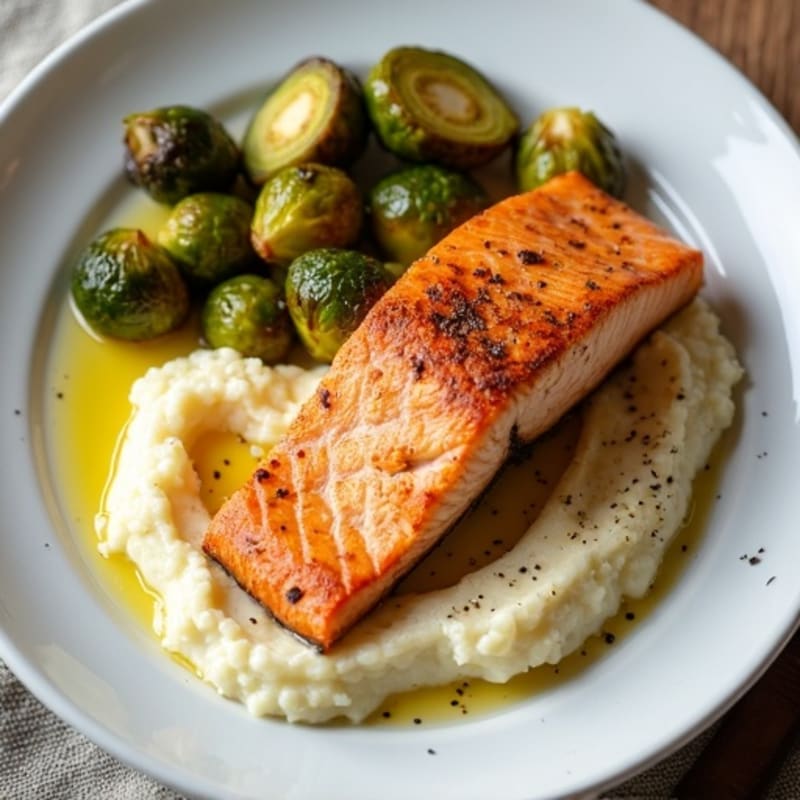 Seared Salmon with Roasted Brussels Sprouts and Cauliflower Mash