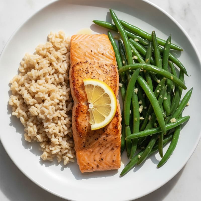 Seared Salmon with Garlic Green Beans and Brown Rice