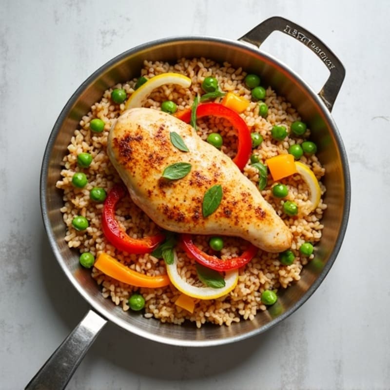 One-Pan Saffron Chicken and Brown Rice with Bell Peppers and Peas