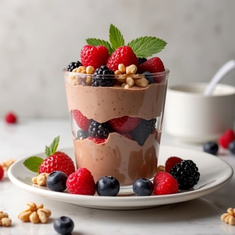 Chocolate Greek Yogurt Protein Parfait with Mixed Berries and Walnuts