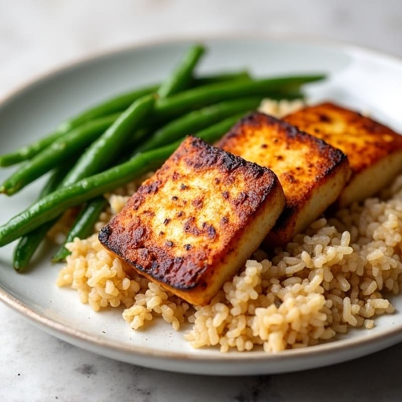 Seared Tofu Steaks with Garlic Green Beans and Brown Rice