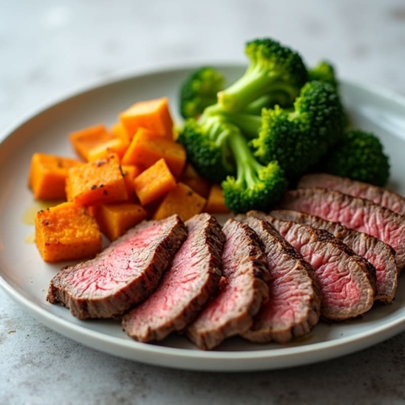 Seared Lean Beef with Roasted Broccoli and Sweet Potato