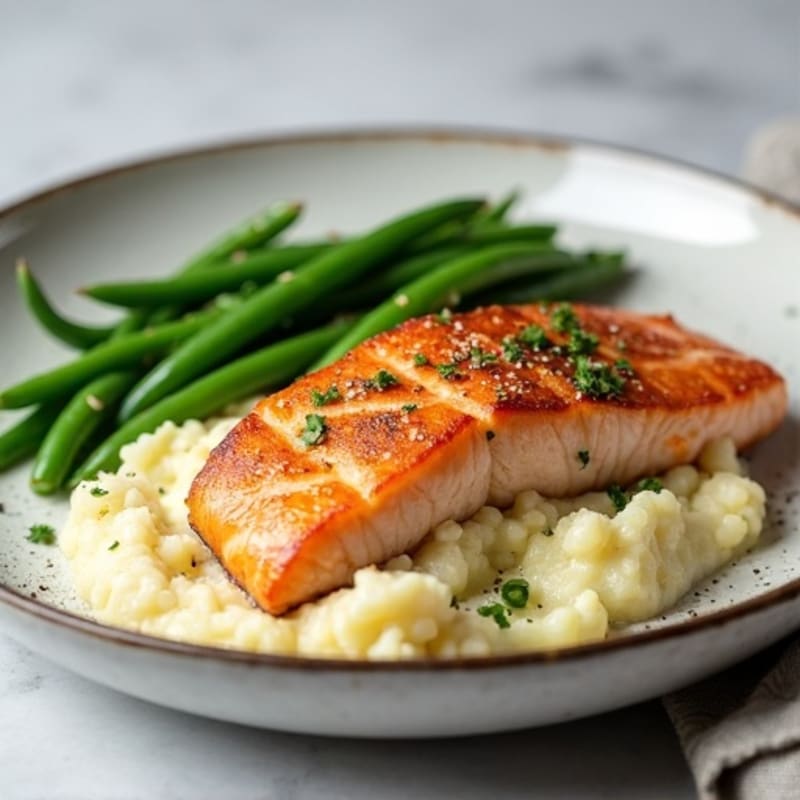 Seared Salmon Fillet with Garlic Green Beans and Cauliflower Mash