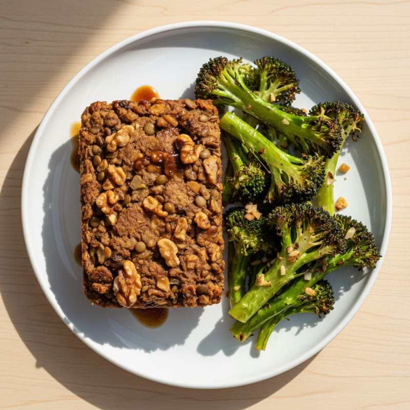 Lentil Walnut Mushroom Loaf with Roasted Broccoli