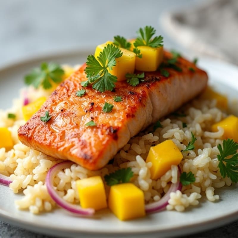 Pan-Seared Salmon with Spicy Mango Salsa and Coconut Lime Rice