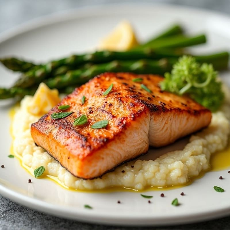 Seared Salmon with Asparagus and Cauliflower Mash