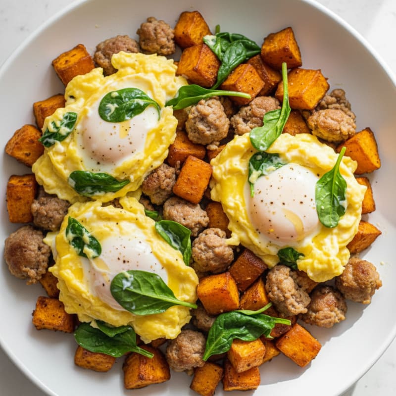 Creamy Scrambled Eggs with Turkey Sausage and Roasted Sweet Potatoes