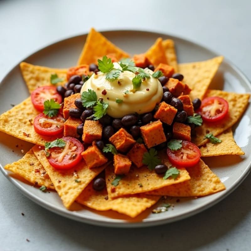 Crispy Black Bean and Sweet Potato Loaded Nachos with Cashew Queso