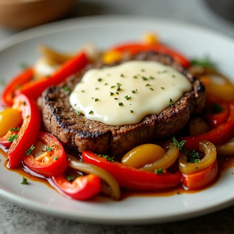 Skillet Seared Steak with Sautéed Peppers and Onions and Creamy Provolone