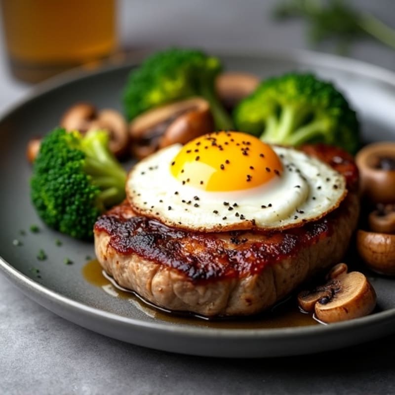 Seared Steak with Roasted Broccoli, Garlic Mushrooms & Sunny-Side Egg