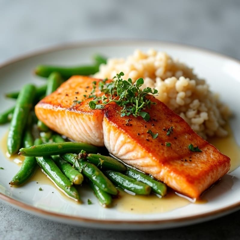 Seared Salmon Fillet with Garlic Green Beans and Brown Rice