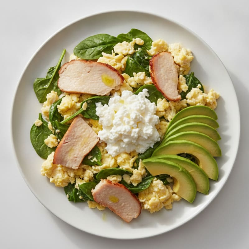 Egg White and Spinach Scramble with Cottage Cheese and Sliced Turkey