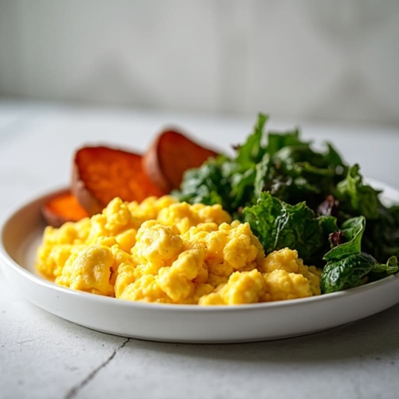 Fluffy Scrambled Eggs with Crispy Sweet Potato and Sautéed Greens