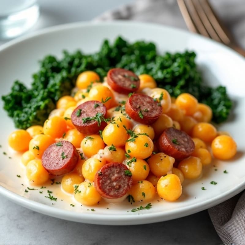 Creamy Sweet Potato Gnocchi with Lean Chicken Sausage and Sautéed Kale