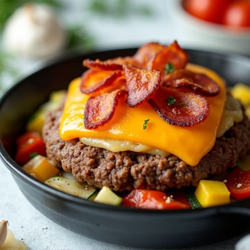Lean Ground Beef Cheeseburger Skillet with Crispy Bacon and Roasted Vegetables