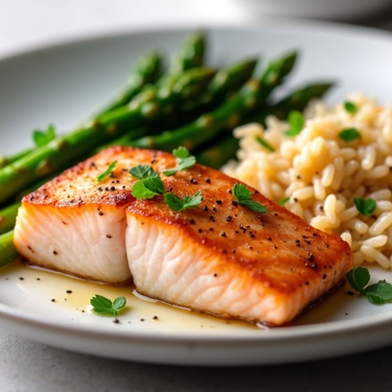 Seared Salmon Fillet with Steamed Asparagus and Brown Rice