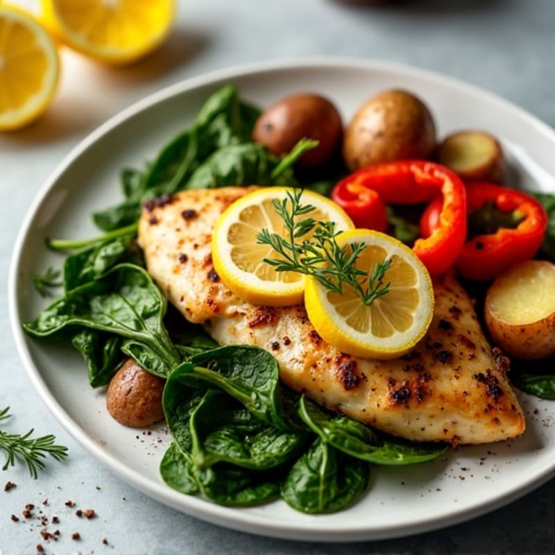 Sheet Pan Lemon Herb Chicken with Roasted Potatoes, Bell Peppers, and Wilted Spinach