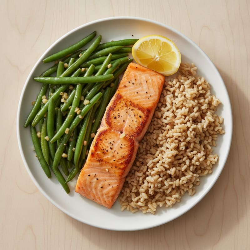 Seared Salmon with Garlic Green Beans and Brown Rice