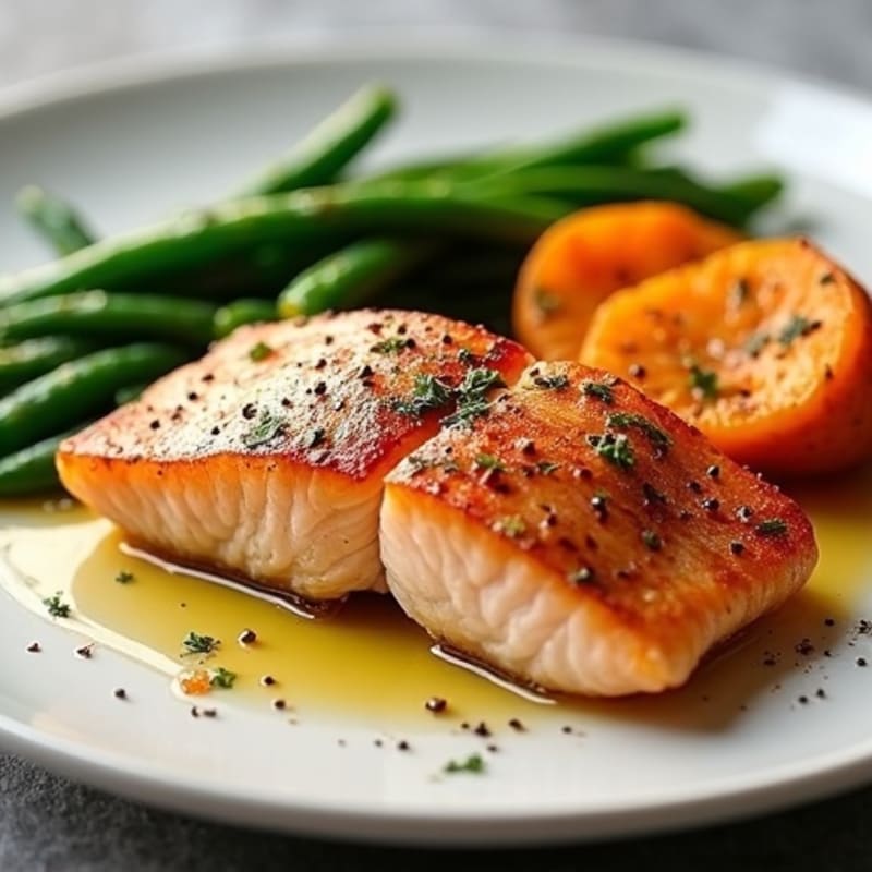 Seared Salmon Fillet with Roasted Sweet Potato and Crunchy Green Beans