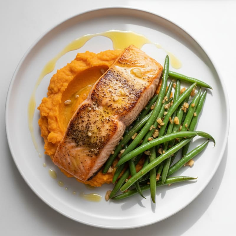 Seared Salmon Fillet with Garlic Green Beans and Mashed Sweet Potato