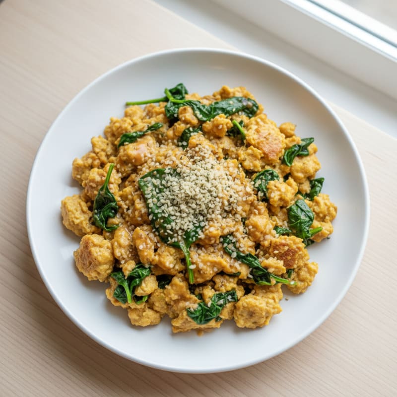 Creamy Tofu-Free Chickpea Scramble with Spinach and Hemp Seeds