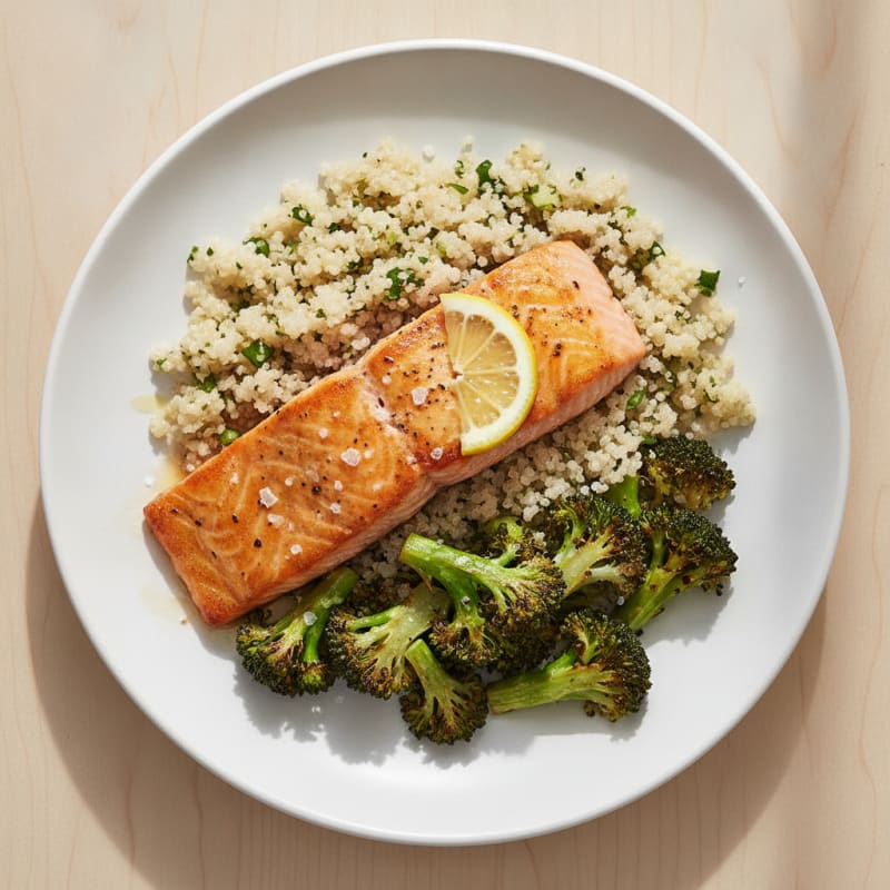 Seared Salmon with Roasted Broccoli and Quinoa