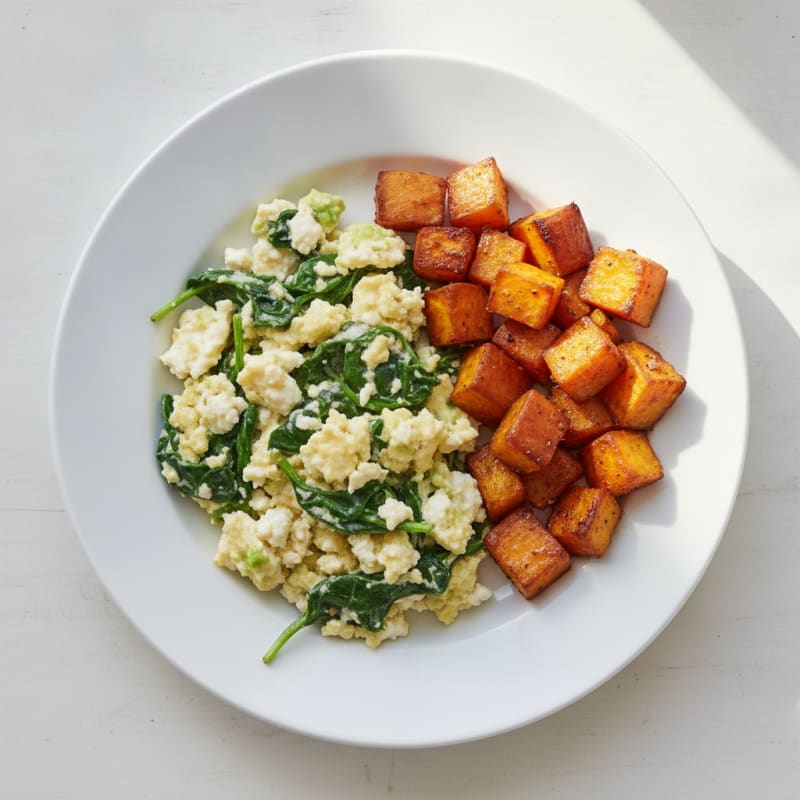 Cottage Cheese Egg Scramble with Spinach and Roasted Sweet Potato