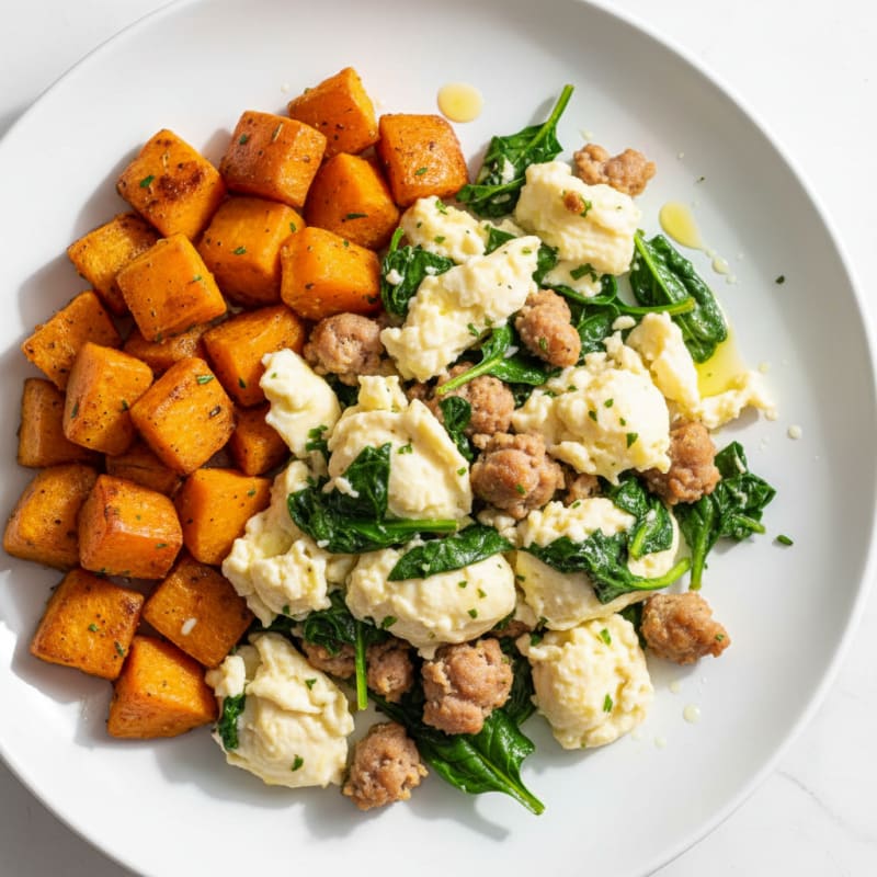 Egg White and Turkey Sausage Scramble with Spinach and Roasted Sweet Potatoes