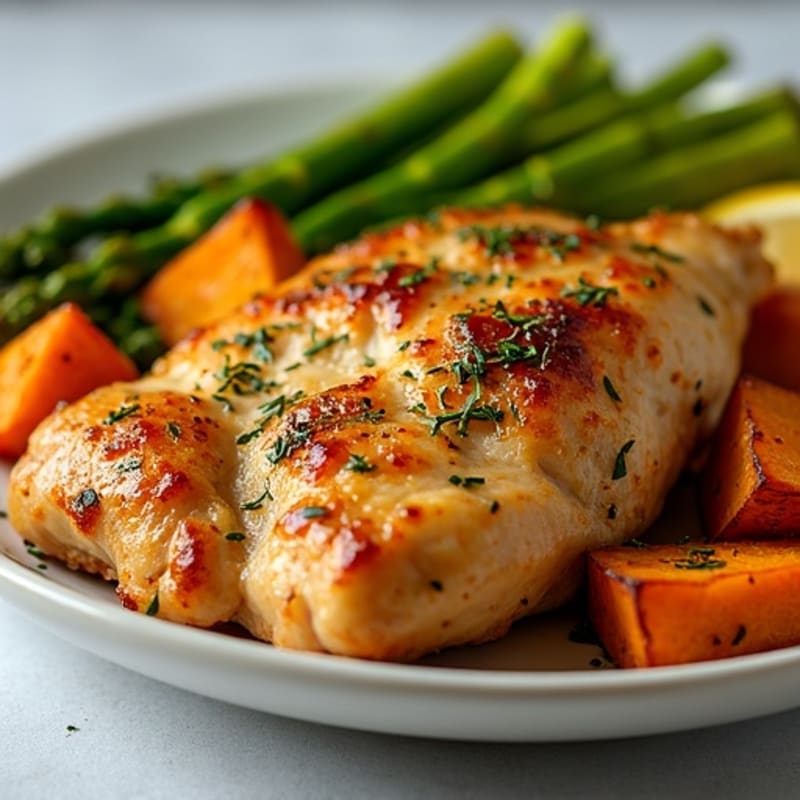 Crispy Lemon-Herb Roasted Chicken with Roasted Asparagus and Sweet Potatoes