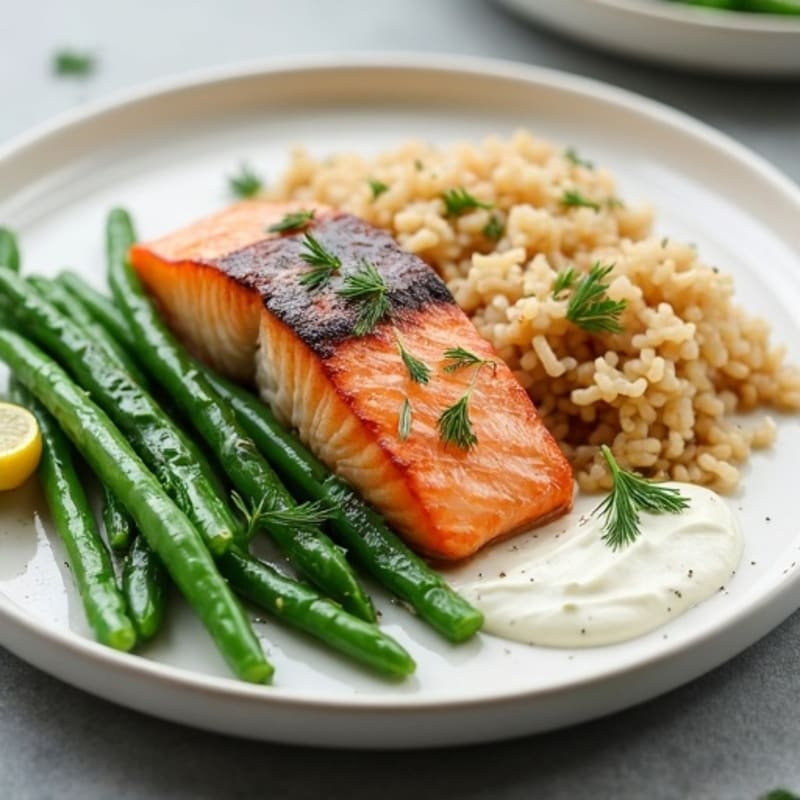 Seared Salmon with Steamed Green Beans and Herbed Brown Rice