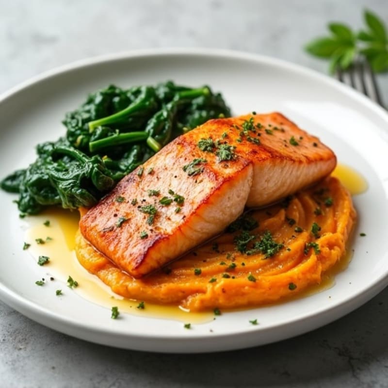 Seared Salmon Fillet with Garlic Spinach and Sweet Potato Mash