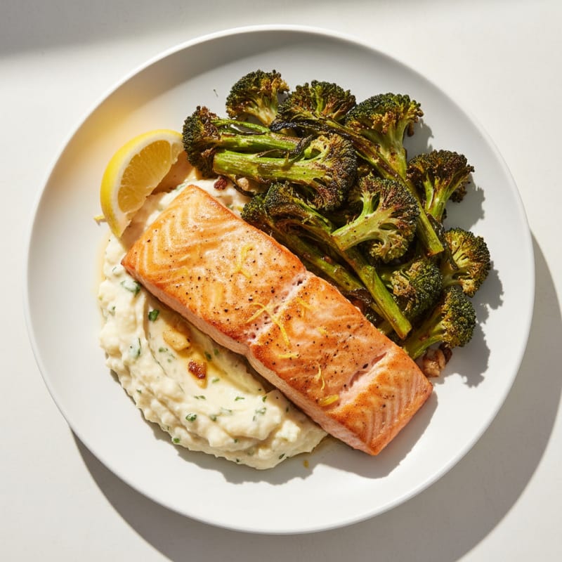 Seared Salmon with Roasted Broccoli and Garlic Mashed Cauliflower