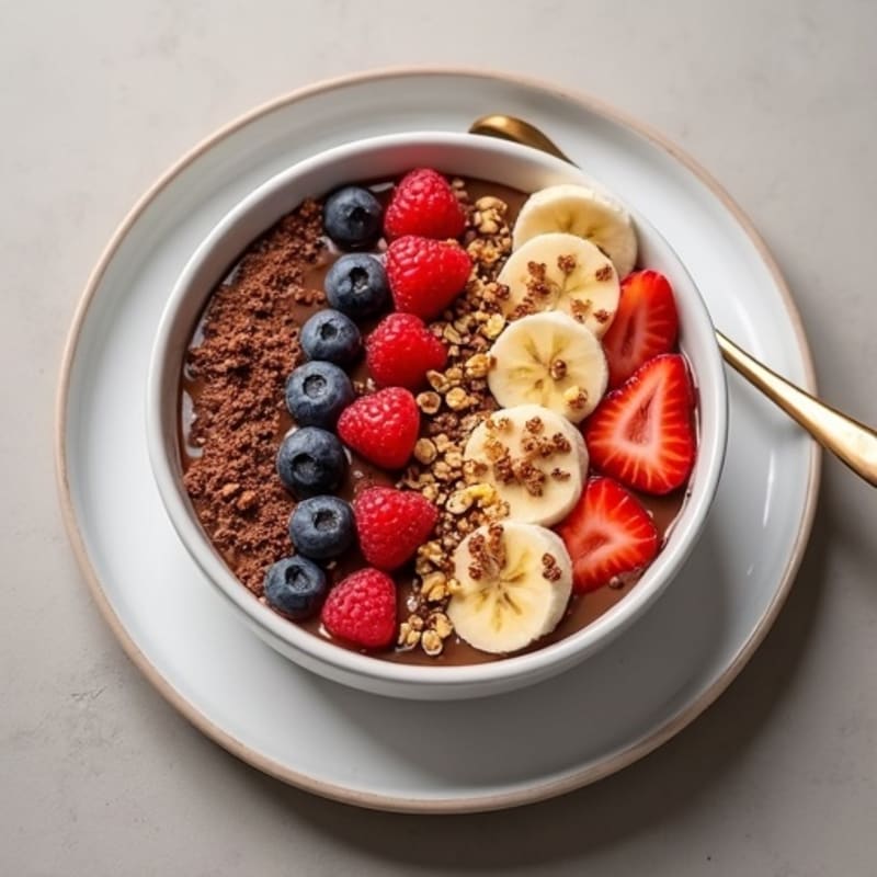 Creamy Chocolate Protein Smoothie Bowl with Fresh Berries and Crunchy Granola