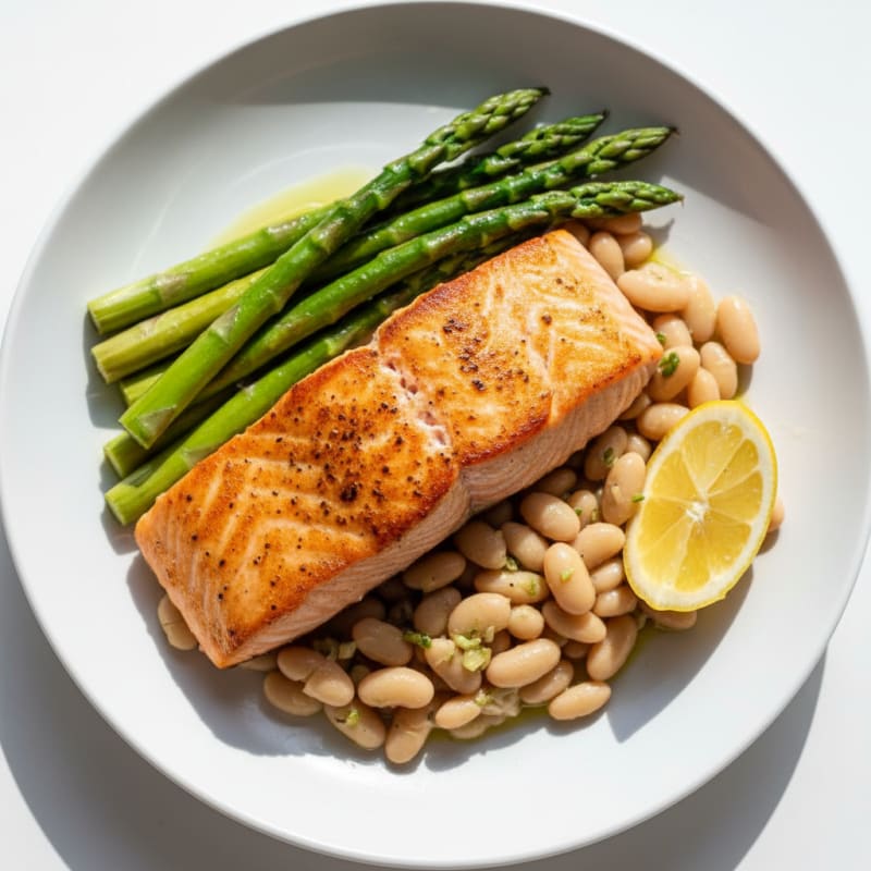 Seared Salmon Fillet with White Beans and Steamed Asparagus