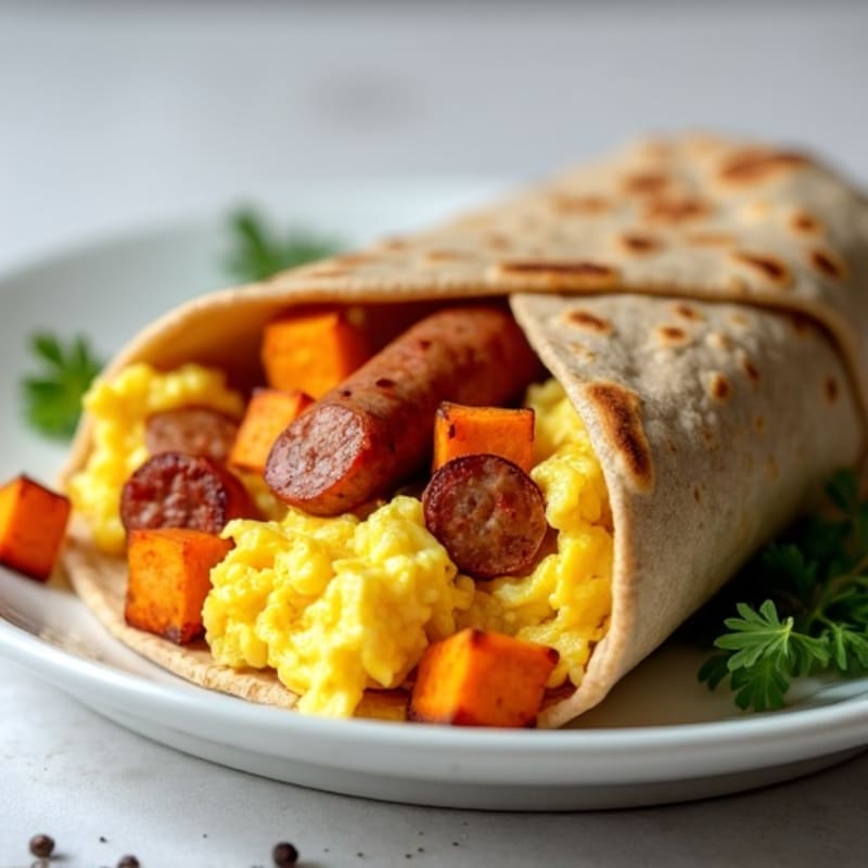 Scrambled Eggs with Roasted Sweet Potatoes and Turkey Sausage Burrito