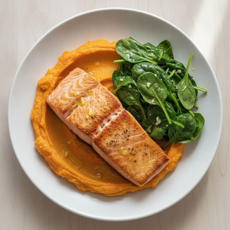 Seared Salmon with Garlic Spinach and Sweet Potato Mash