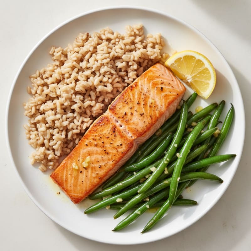Seared Salmon with Garlic Green Beans and Brown Rice