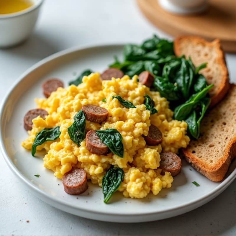 Egg White Scramble with Turkey Sausage and Sautéed Spinach