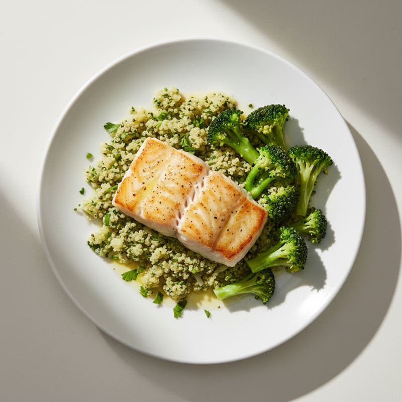 Seared White Fish with Herbed Quinoa and Steamed Broccoli