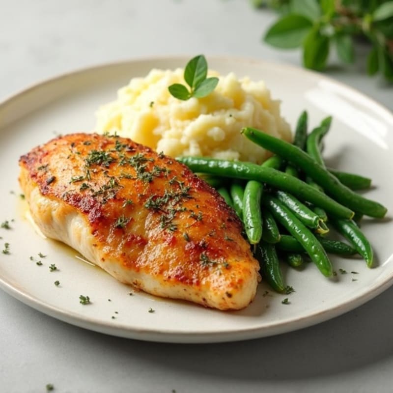 Crispy Herb-Roasted Chicken with Creamy Garlic Mashed Potatoes and Roasted Green Beans