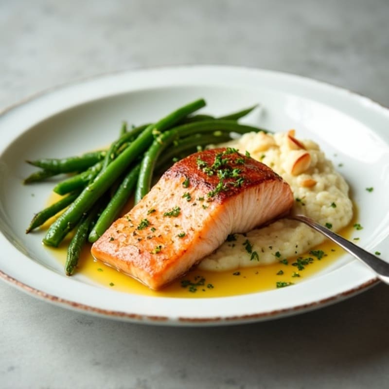Seared Salmon Fillet with Garlic Green Beans and Cauliflower Mash