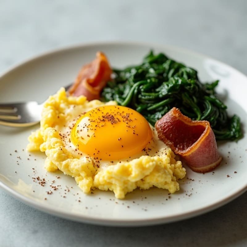 Cottage Cheese Egg Scramble with Sautéed Spinach and Turkey Bacon