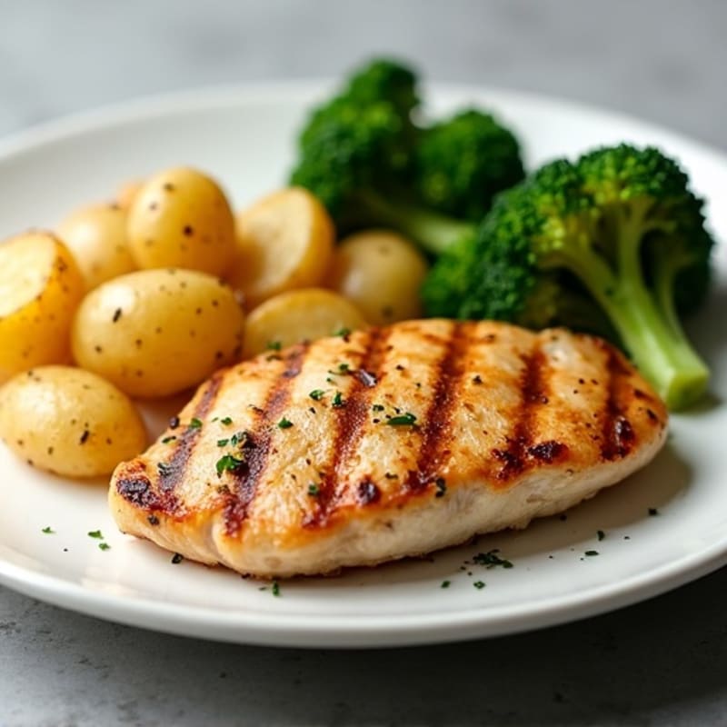 Grilled Chicken Breast with Roasted Potatoes and Steamed Broccoli
