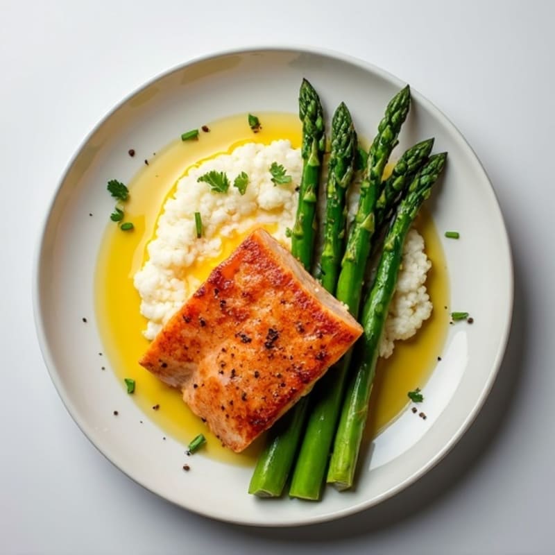 Seared Salmon with Steamed Asparagus and Cauliflower Mash