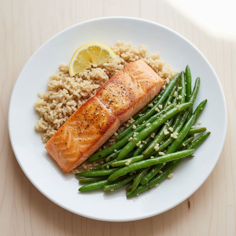 Seared Salmon Fillet with Garlic Green Beans and Brown Rice